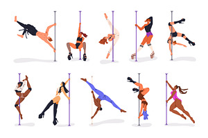 Sexy dancers perform pole dance set, a Person Illustration by Good Studio