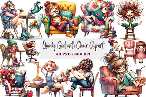 Quirky Girl with Chair Clipart, a Seasonal Illustration by DreamArtGraphic