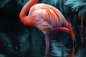 Vibrant pink flamingo standing in reflective tropical water with, an Animal Photo by José Manuel Gelpi