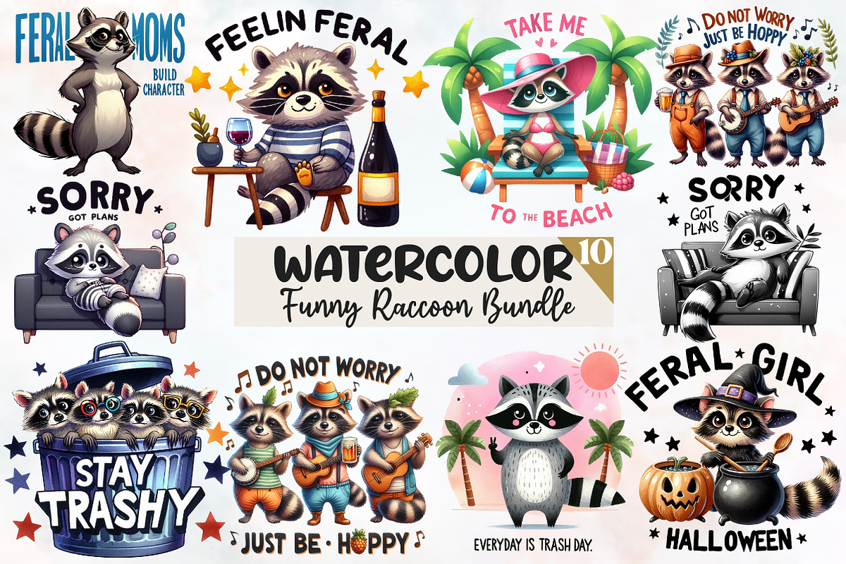 Funny Raccoon PNG Bundle Sublimation, an Illustration by Designworld (Photo 1 of 7)