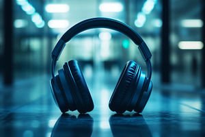Set of headphones on blurred blue, a Technology Photo by MistyDay