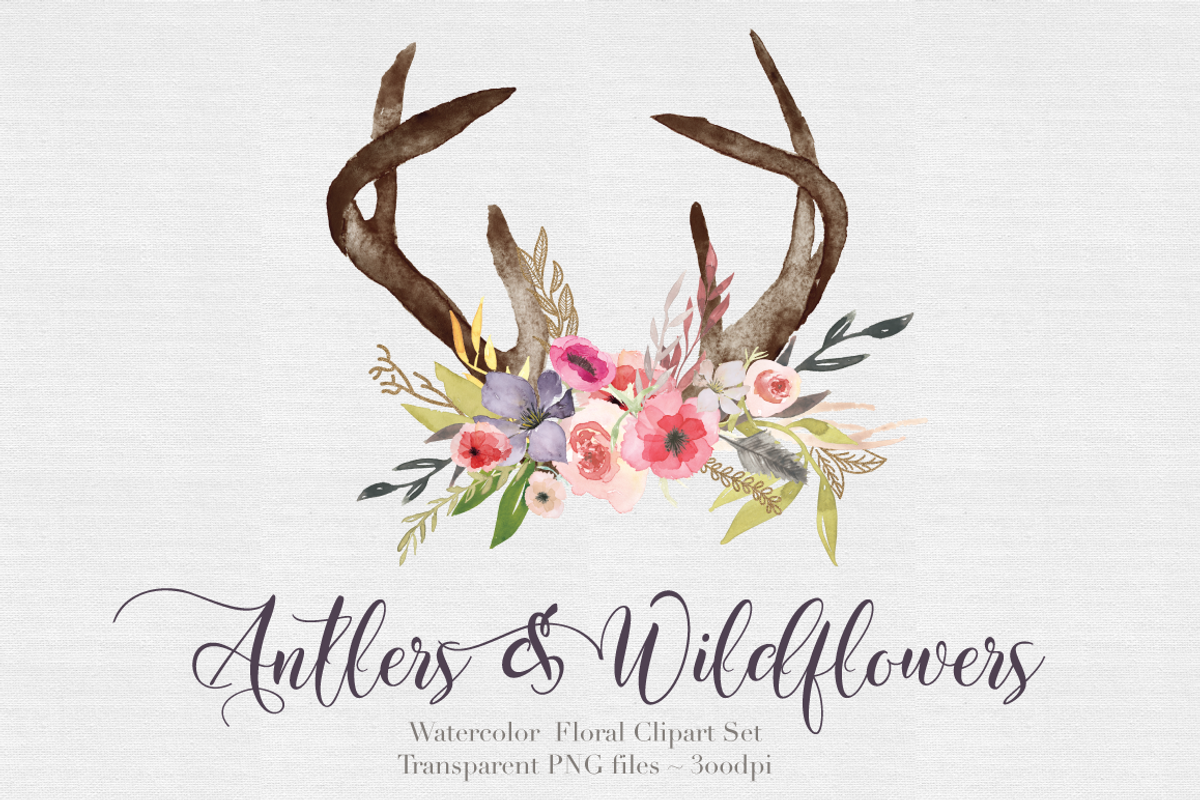 Antlers & flowers Watercolor Clipart, an Illustration by The Autumn Rabbit Ltd (Photo 3 of 3)