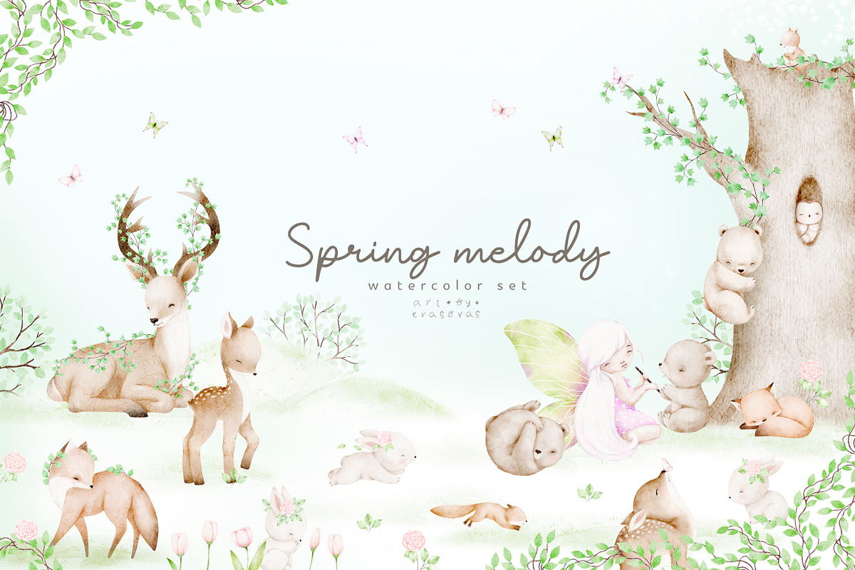SPRING MELODY watercolor set, an Animal Illustration by erasovas (Photo 1 of 13)