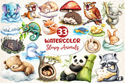 Watercolor Sleepy Animals Clipart, an Illustration by Dream Creation (Thumbnail 1 of 6)