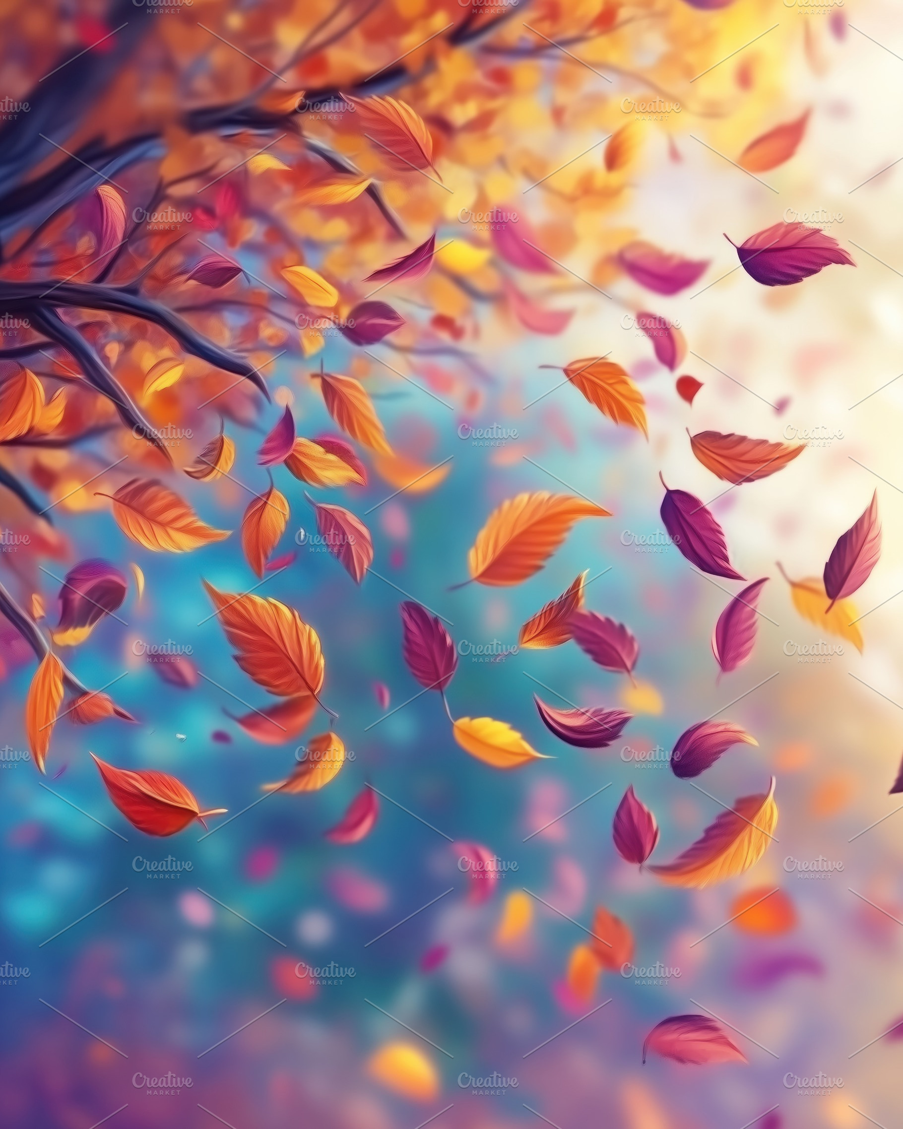 A vibrant autumn scene with colorful leaves falling from a tree. The background, a Photo by Textures & Backgrounds