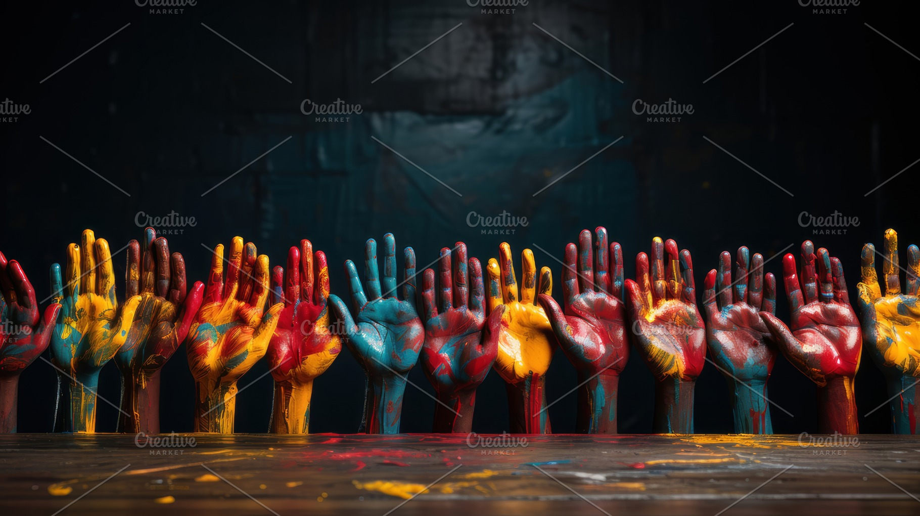 Colorful Painted Hands Raised Against Dark Background in Artistic Display, a Photo by AS photostudio