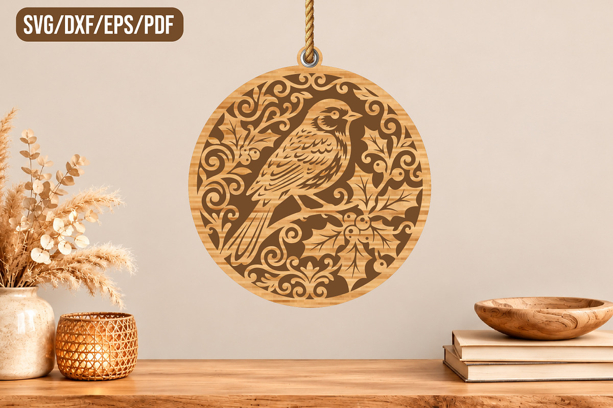 Bird Floral Ornament Laser Cut, a Seasonal Illustration by CraftArtStudio (Photo 1 of 3)