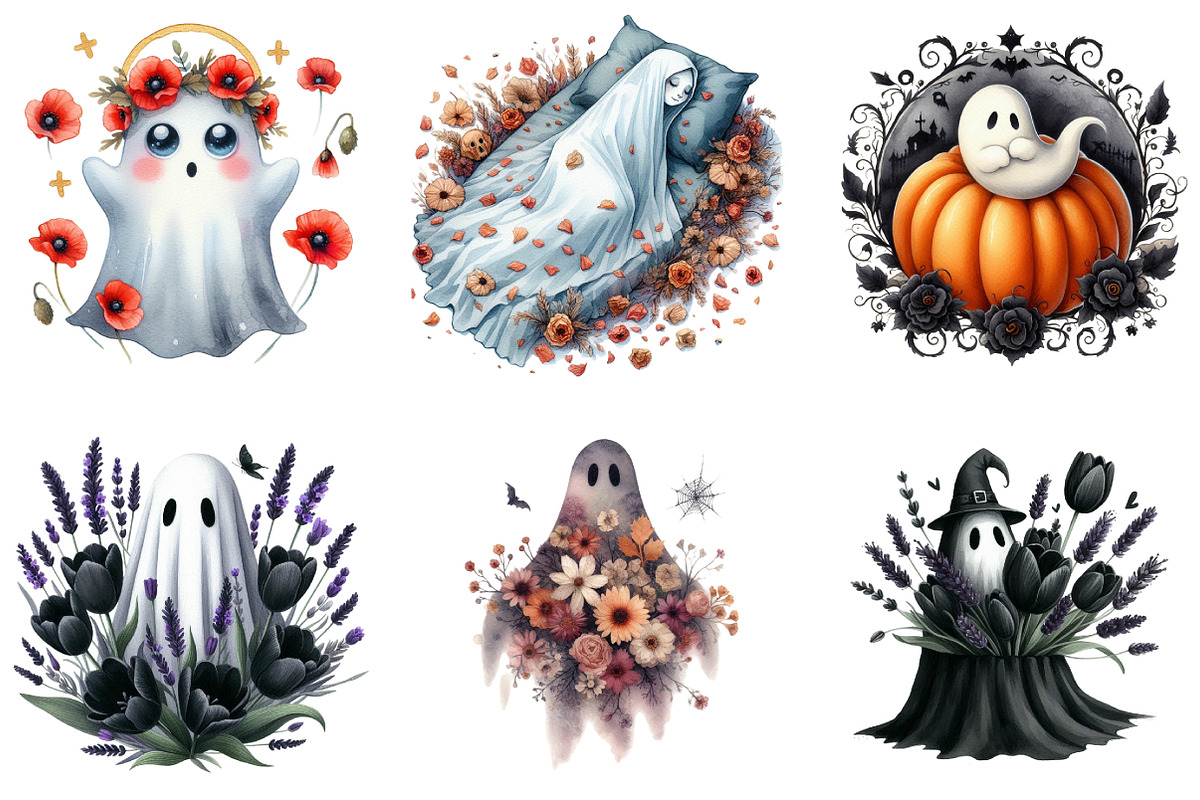 Vintage Halloween Ghost Floral Clipa, an Illustration by DreamArtGraphic (Photo 6 of 7)