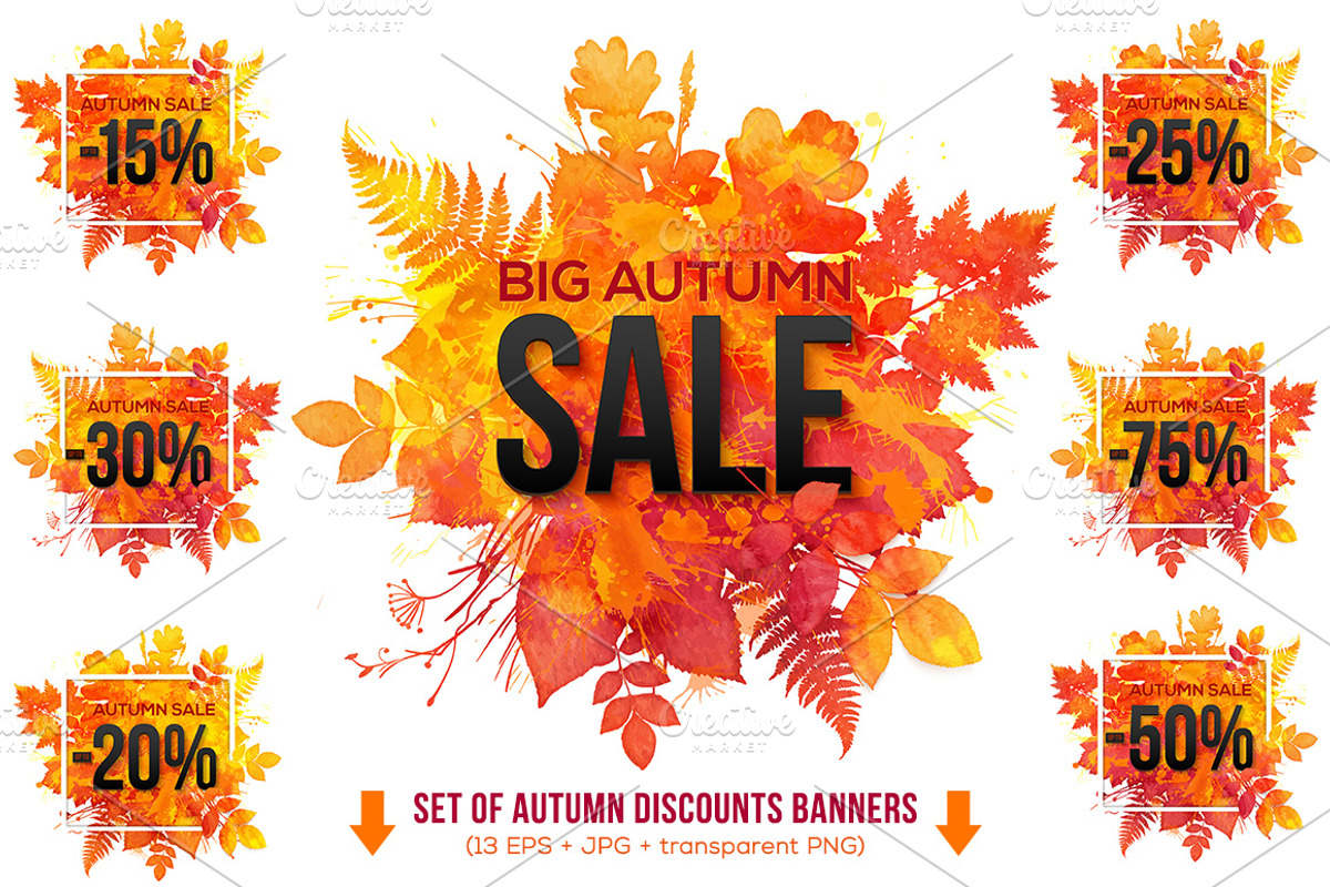 13 watercolor autumn SALE banners, a Flyer Template by Art of Sun (Photo 1 of 2)