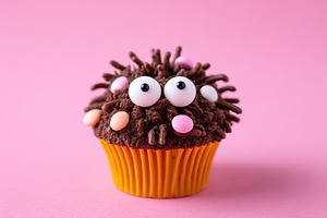 Unique chocolate cupcake topped with whipped cream styled as wild hair and colo, a Photo by AlyaAnd