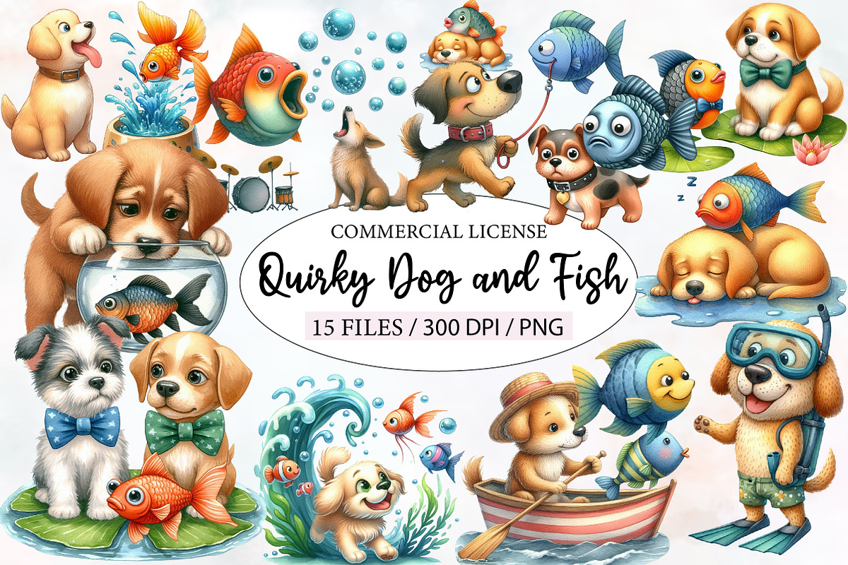 Quirky Dog and Fish Clipart, an Illustration by Designworld (Photo 1 of 4)