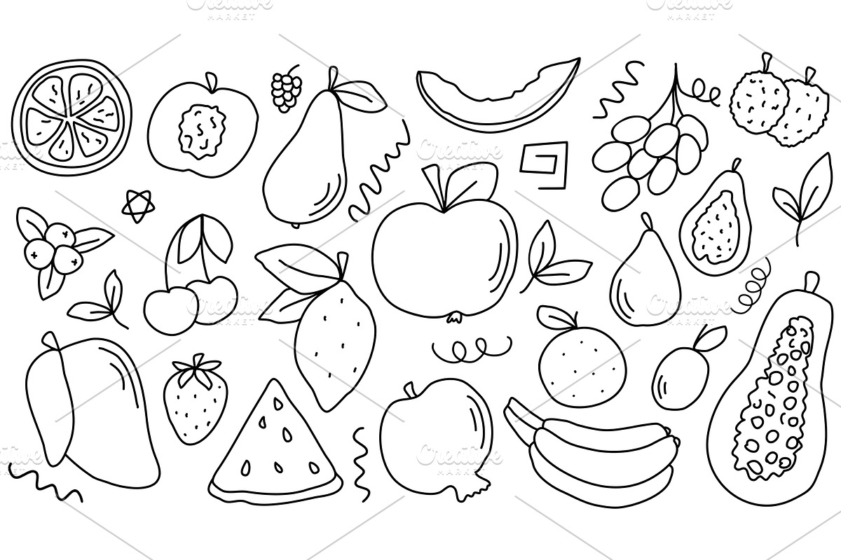 Fruits and berries set in doodle, a Food Illustration by Tati_Kli