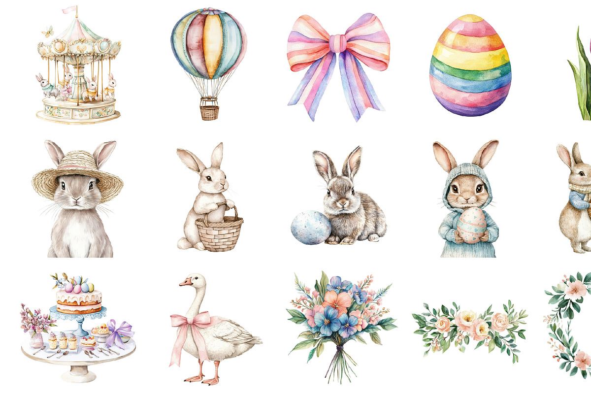 Watercolor Whimsical Easter Clipart, an Illustration by Design Market (Photo 2 of 4)