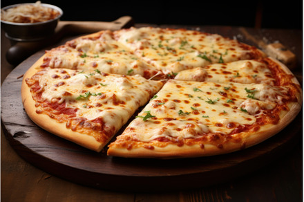 Mouthwatering Cheesy pizza on table, a Food & Drink Photo by Ylivdesign
