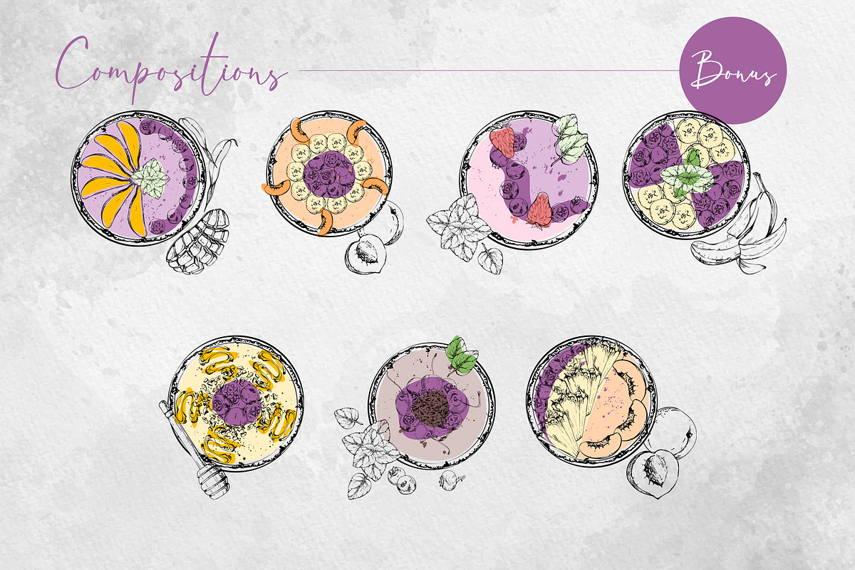 Smoothie bowls. Watercolor & ink art, a Food Illustration by MsFlaffy (Photo 9 of 19)