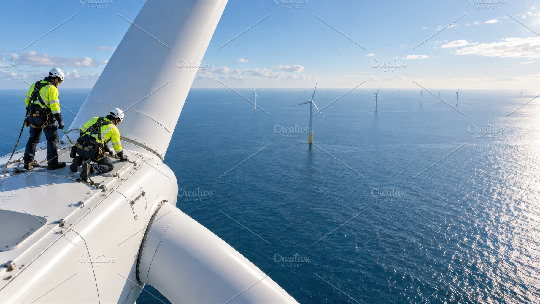 Workers on wind turbine in ocean, a Photo by Beautiful things