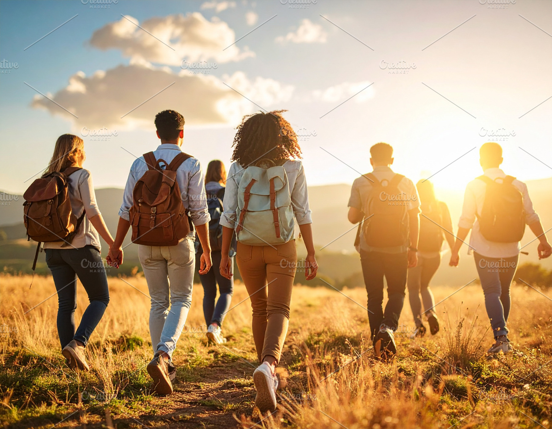 Goup of diverse students walking toward a bright horizon, a School & Education Photo by DanFLCreativo