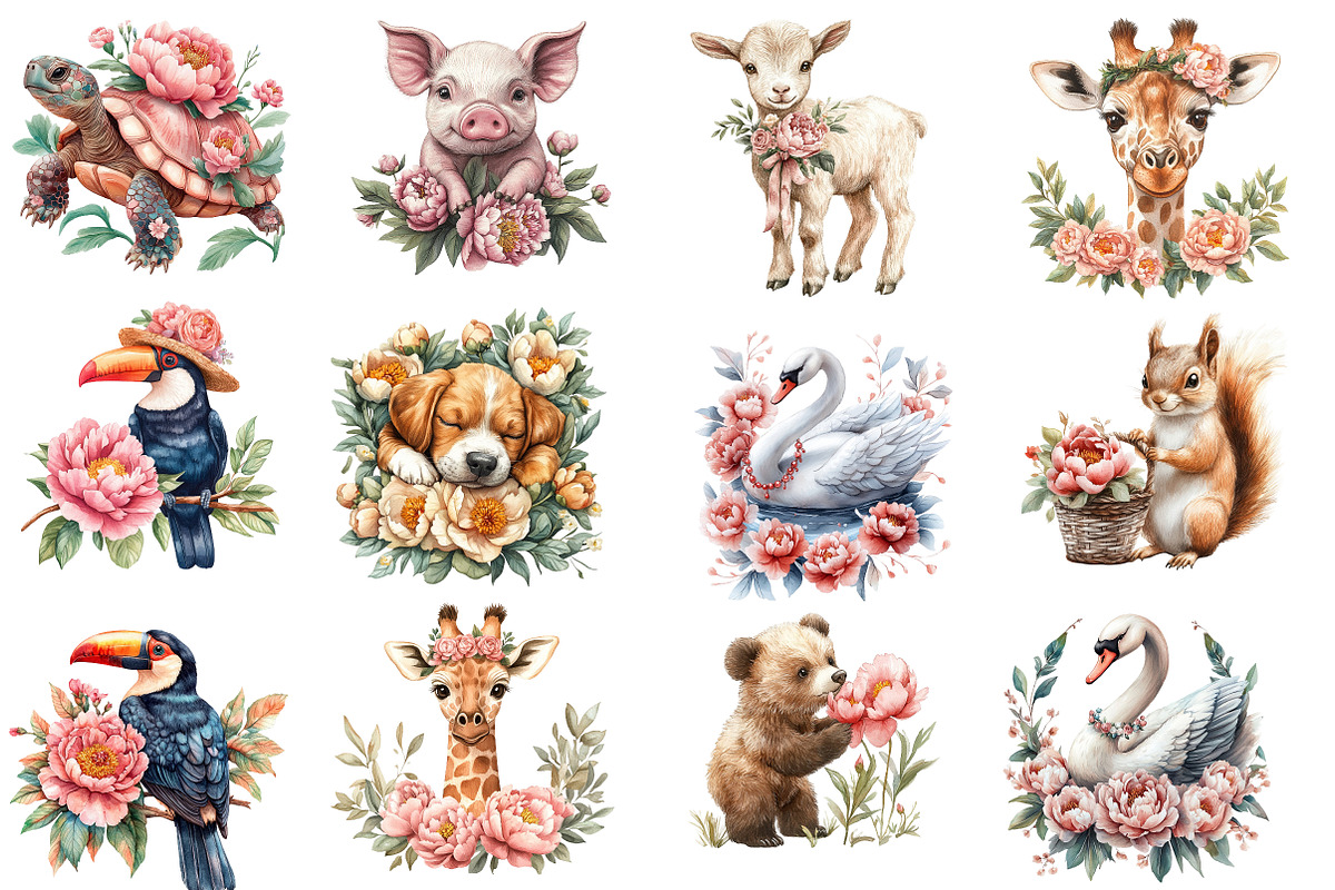 Summer Peony Flower Animals Clipart, an Illustration by Designworld (Photo 2 of 8)