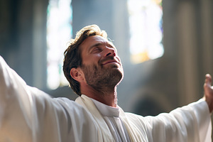 Joyful priest in white robes stands, a Person Photo by MistyDay