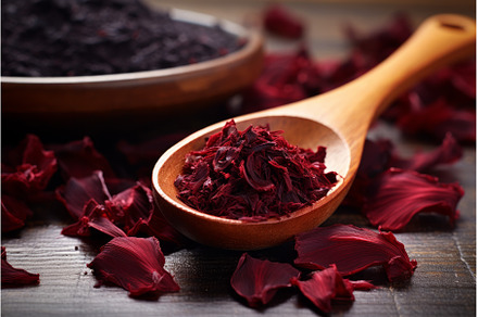 Wooden spoon with dry hibiscus tea, a Food & Drink Photo by Ylivdesign