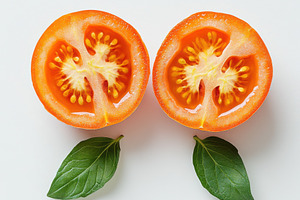 Tomato, cut in half, leaves, isolate, a Food & Drink Photo by Pixeness Studio