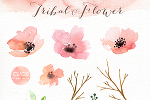 Tribal & Flower Watercolor Clipart