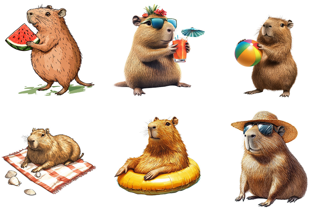 Summer Capybara Clipart Set PNG, an Illustration by Designking (Photo 5 of 5)