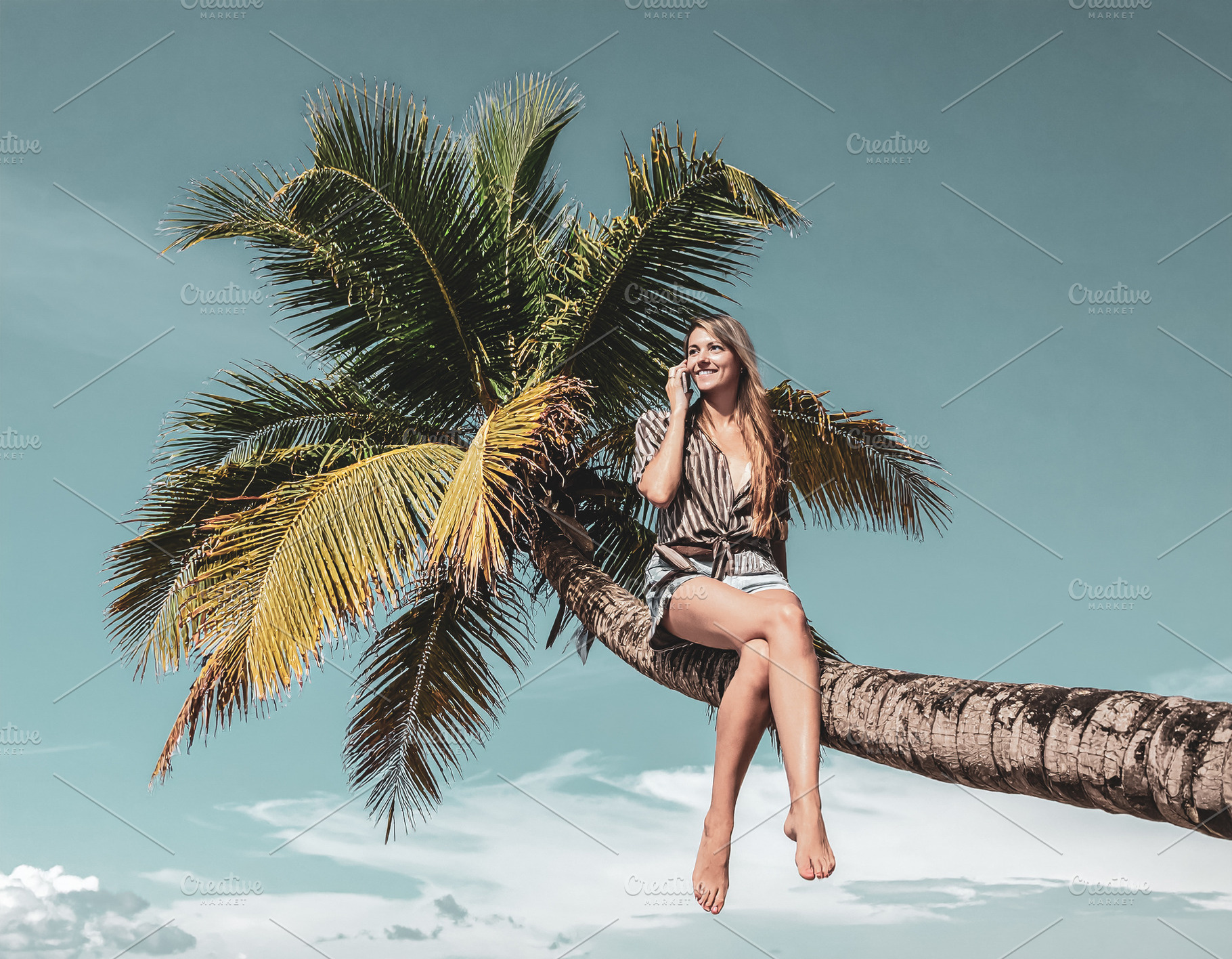 A young woman sitting on palm tree using a mobile phone, a Person Photo by DanFLCreativo