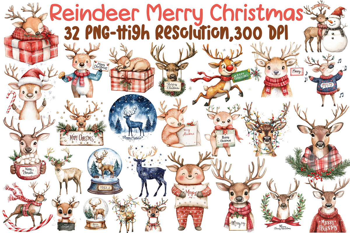 Reindeer Merry Christmas Clipart Bun, an Illustration by Sublimation Artist (Photo 1 of 6)