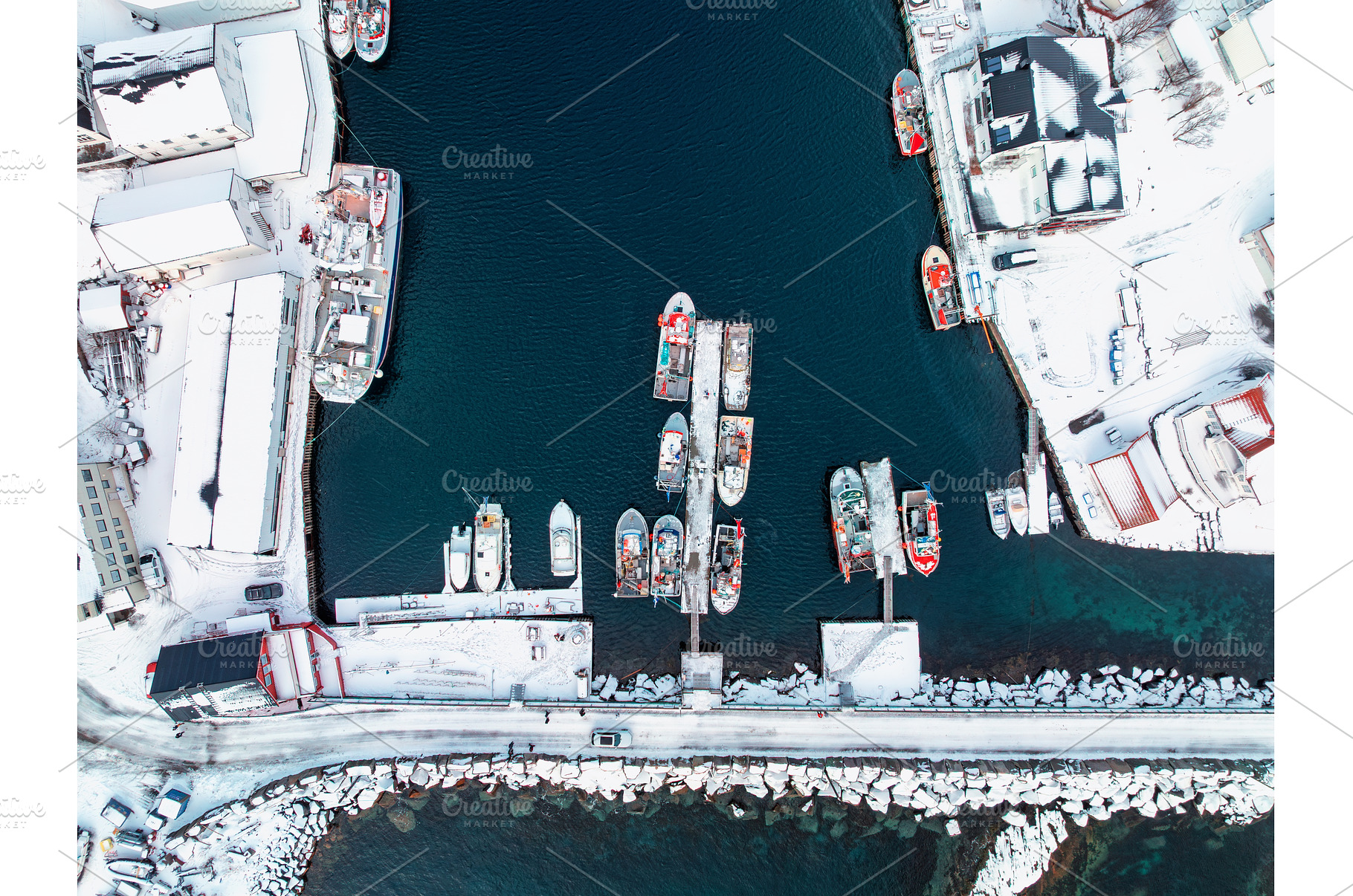 Aerial winter view of a small harbor, a Nature Photo by den-belitsky