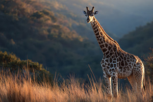 Giraffe in golden African savanna su, a Photo by Pixeness Studio