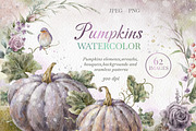 Watercolor Floral Pumpkin Clipart., a Decorative Illustration by VetaDesign (Thumbnail 1 of 10)