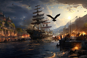 Fantasy landscape with old ship on the bank of the river. Black, an Arts & Entertainment Photo by AS photostudio