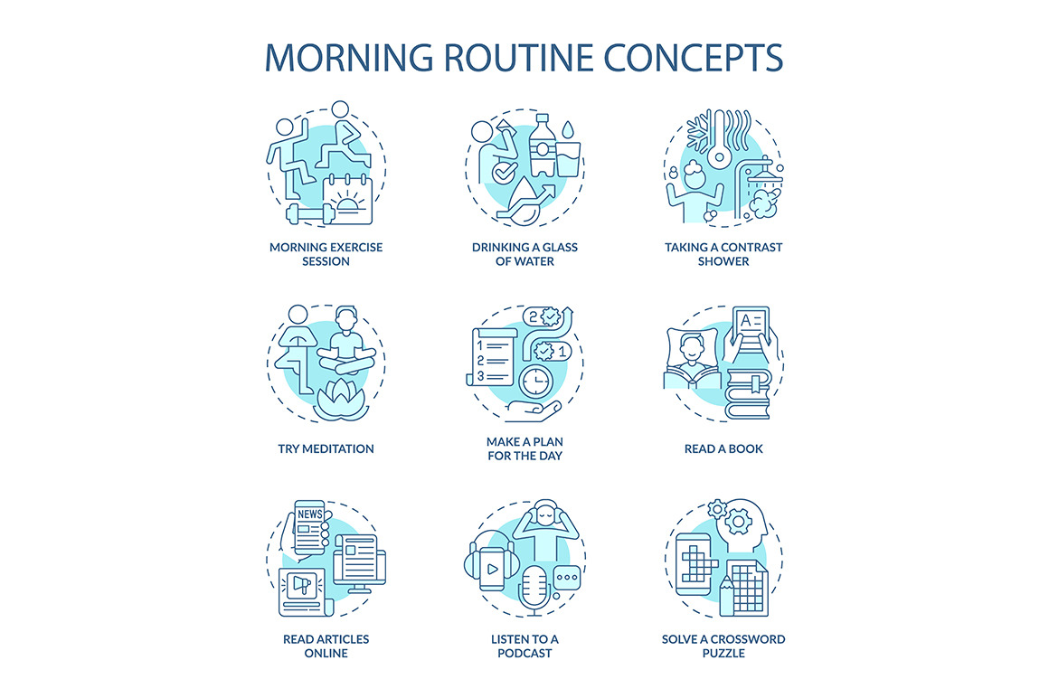 Morning routine turquoise icons set, an Outline Icon by IMG Visuals