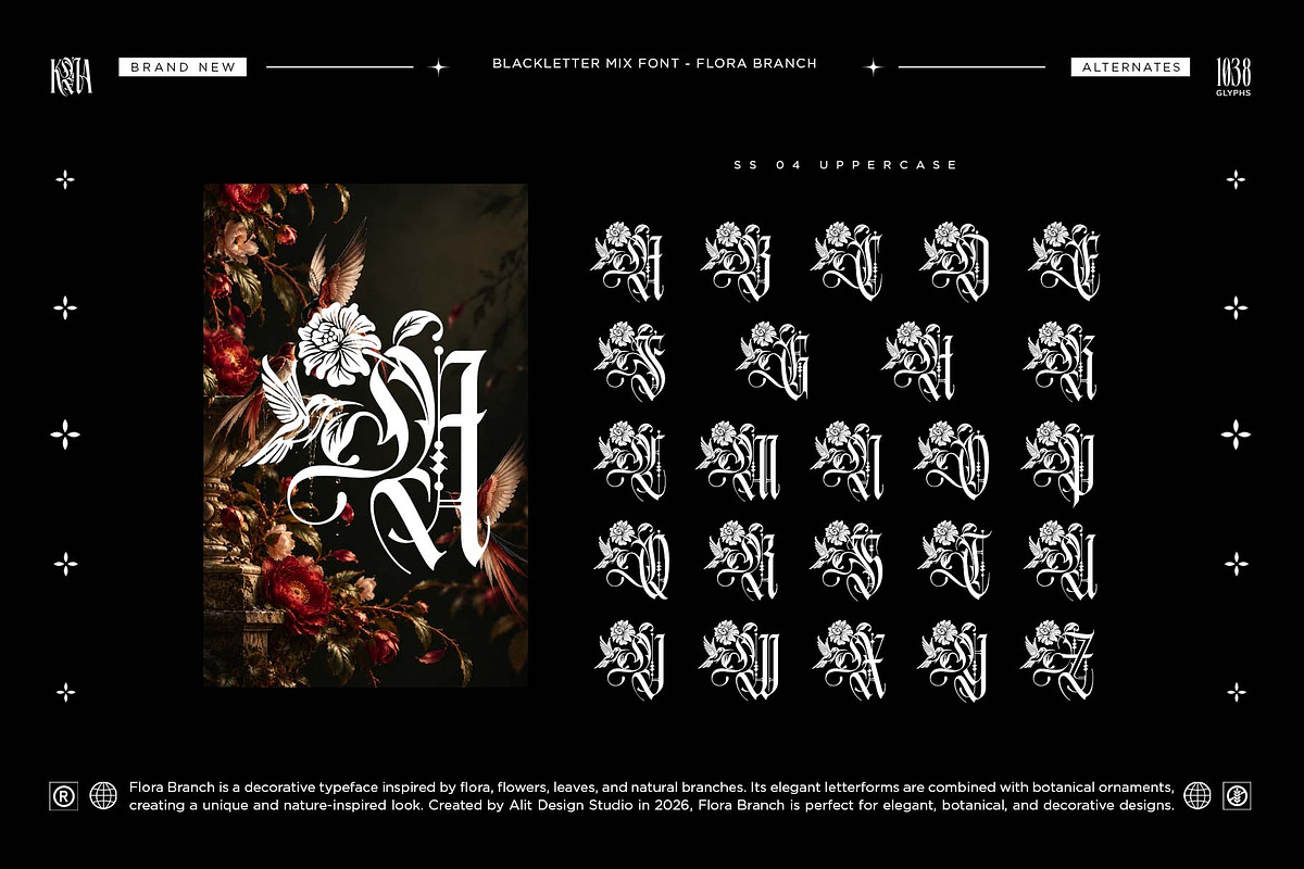 Flora Branch Typeface, a Blackletter Font by alit design (Photo 11 of 20)
