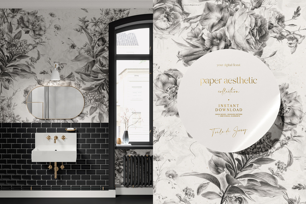 Toile Black and White Floral Pattern, a Pattern Graphic by paper aesthetic (Photo 3 of 10)