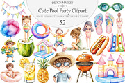 Watercolor Cute Pool Party Clipart, an Illustration by Design Market (Thumbnail 1 of 5)