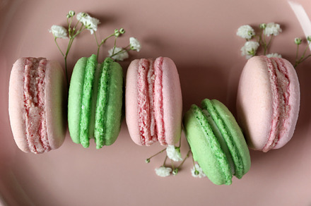 Pink plate with tasty macaroons, close up, a Food & Drink Photo by AtlasStudio PRO