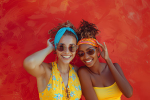 Two Playful Young Women in Colorful Wear Posing Against Vibrant Red Background, a Photo by AS photostudio