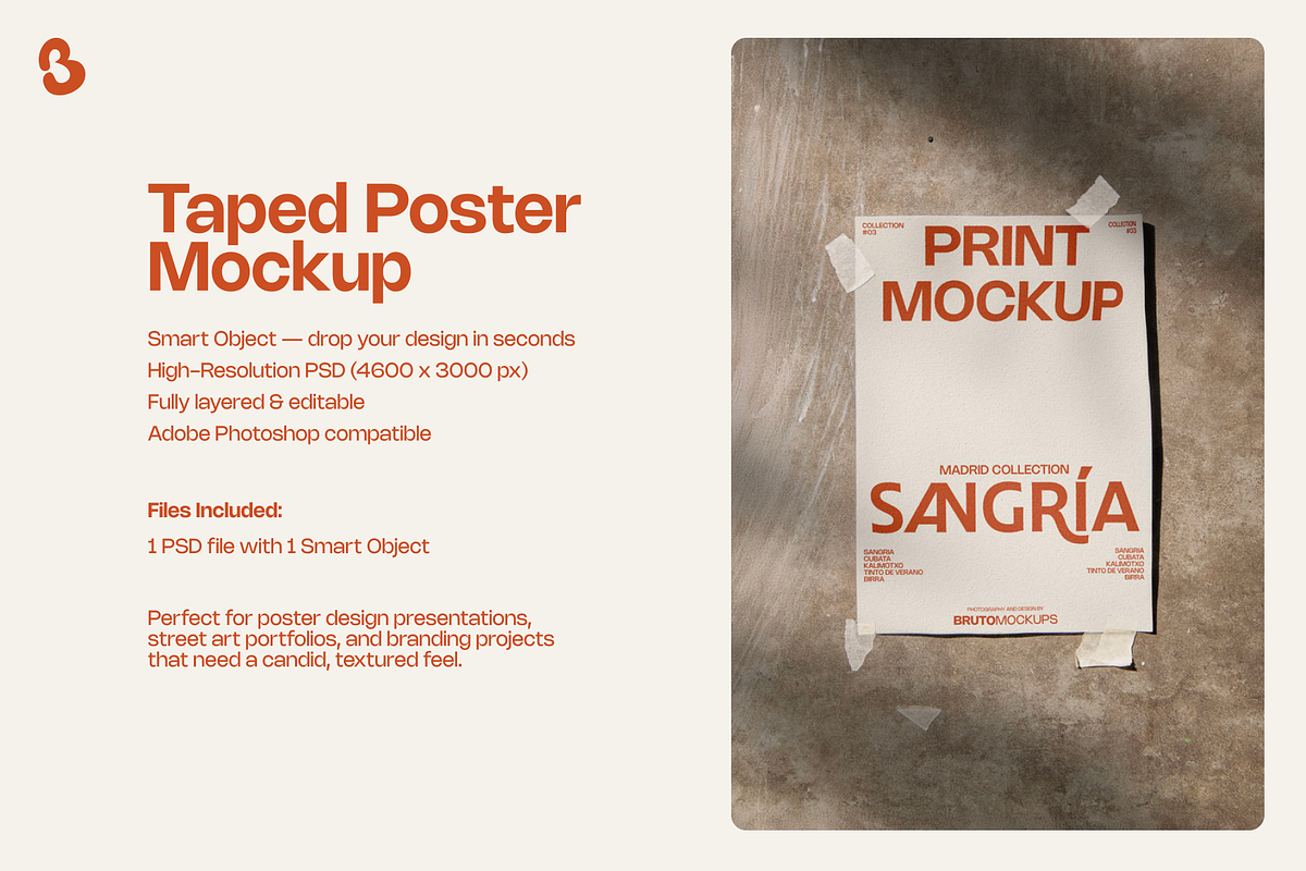 Taped Poster Mockup PSD, an Advertising Mockup by Bruto Mockups (Photo 2 of 3)