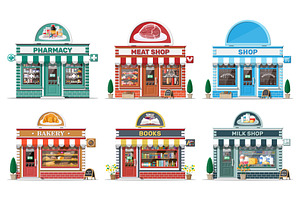 Set Of Detailed City Shop Buildings.