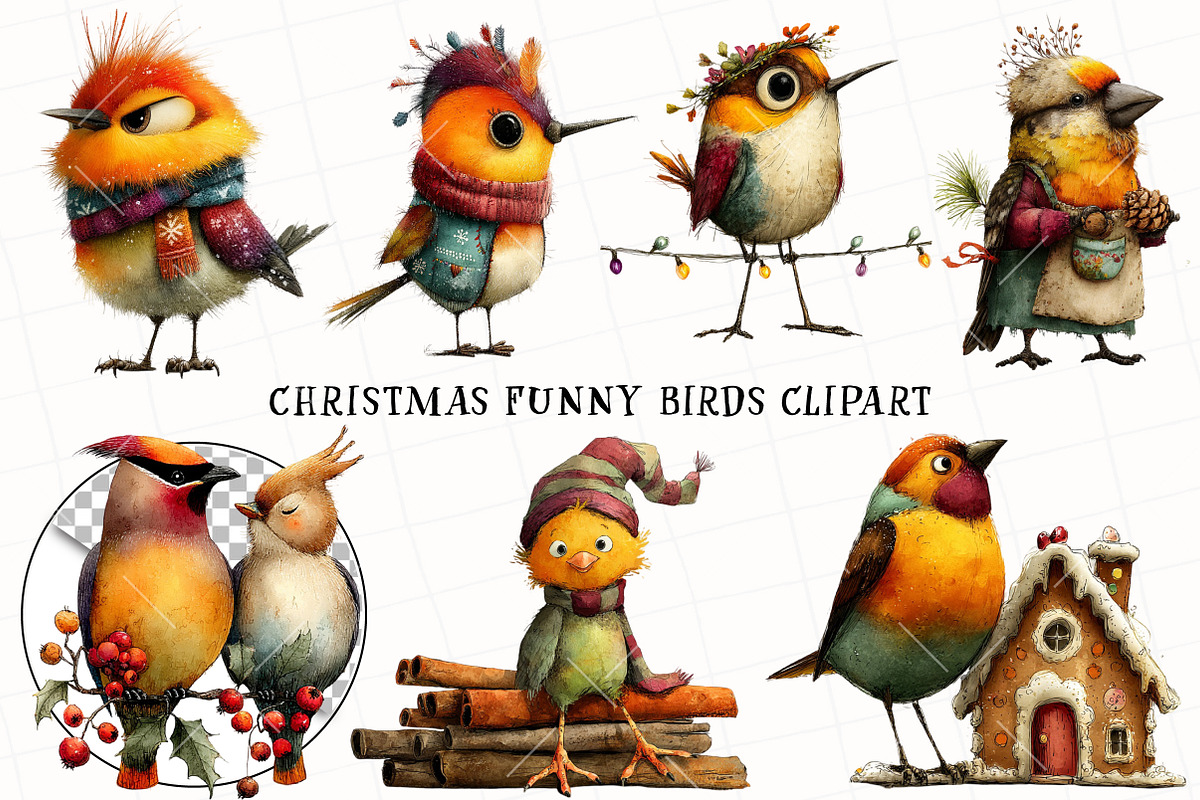 Christmas Funny Birds Clipart, an Illustration by OK Design (Photo 2 of 6)