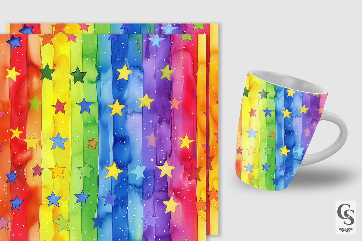 Watercolor Rainbow Stars Patterns, a Pattern Graphic by Creative Store (Photo 3 of 5)