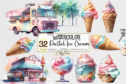 Watercolor Ice Cream Clipart Pastel