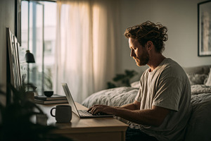 Laptop Work in Bedroom, a Person Photo by shahsoft