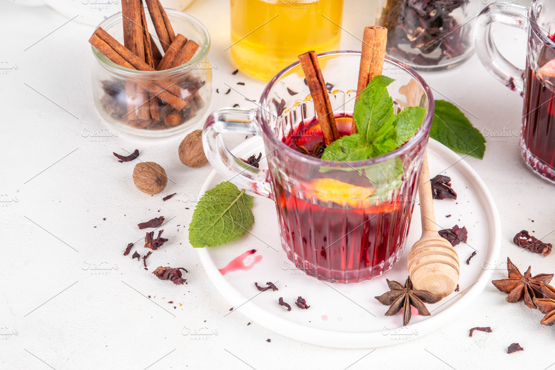 Tasty autumn non-alcohol hibiscus mulled wine drink, a Food & Drink Photo by Rimma
