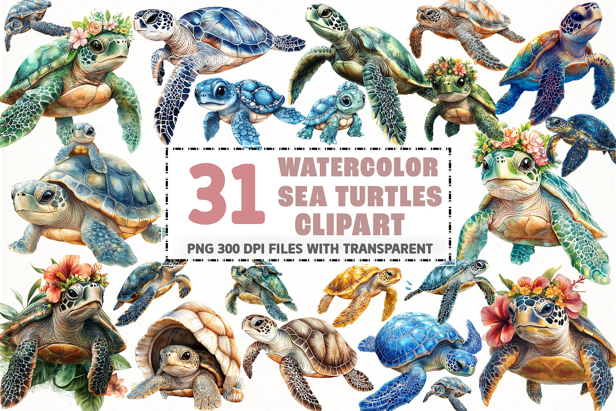 Beautiful Sea Turtles PNG Bundle png, an Illustration by Watercolor design (Photo 1 of 3)