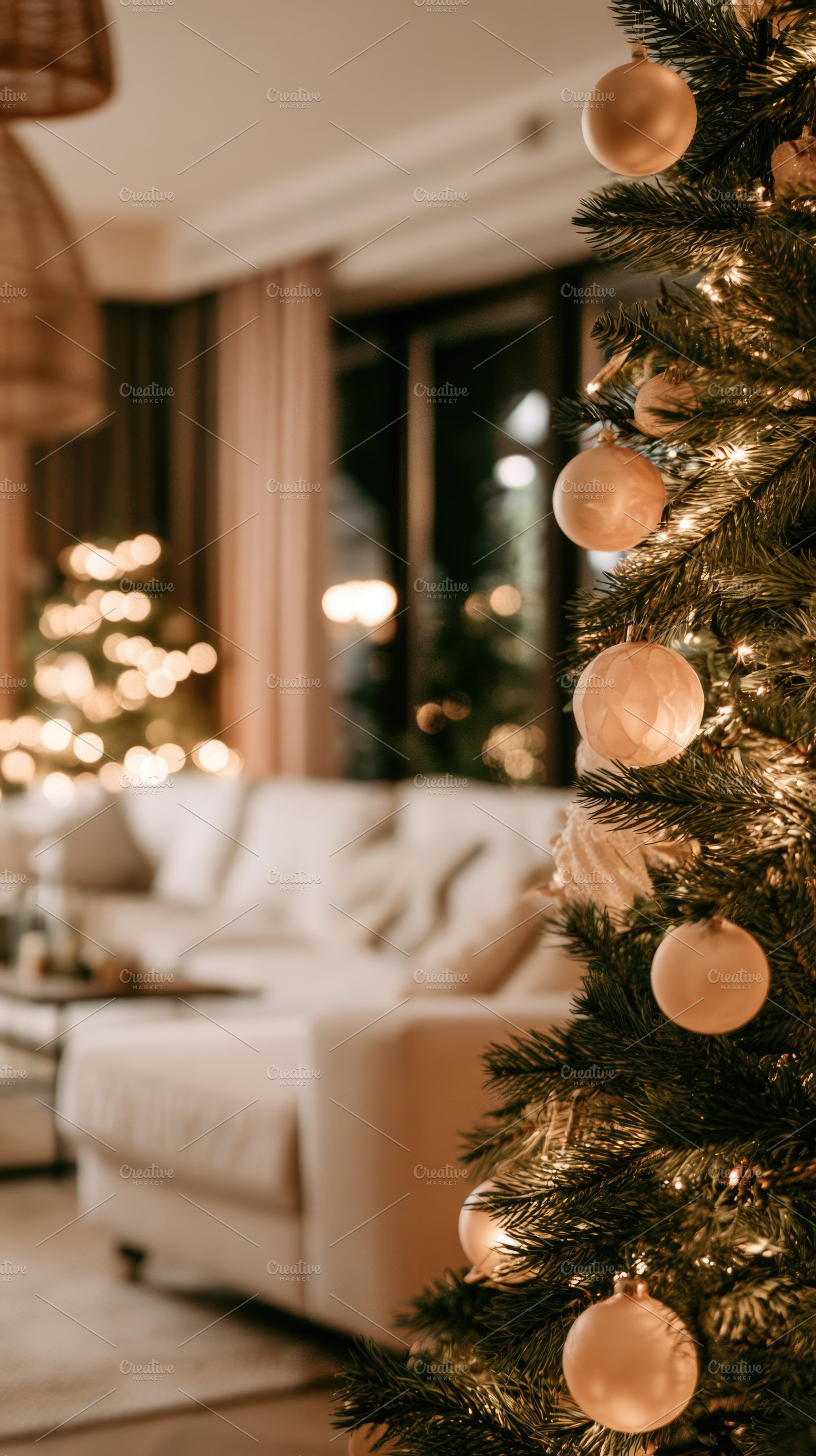 Elegant Christmas tree with warm lights in cozy living room, a Holiday Photo by José Manuel Gelpi