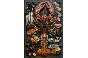 Whole lobster with seafood, crab, a Food & Drink Photo by Neirfy