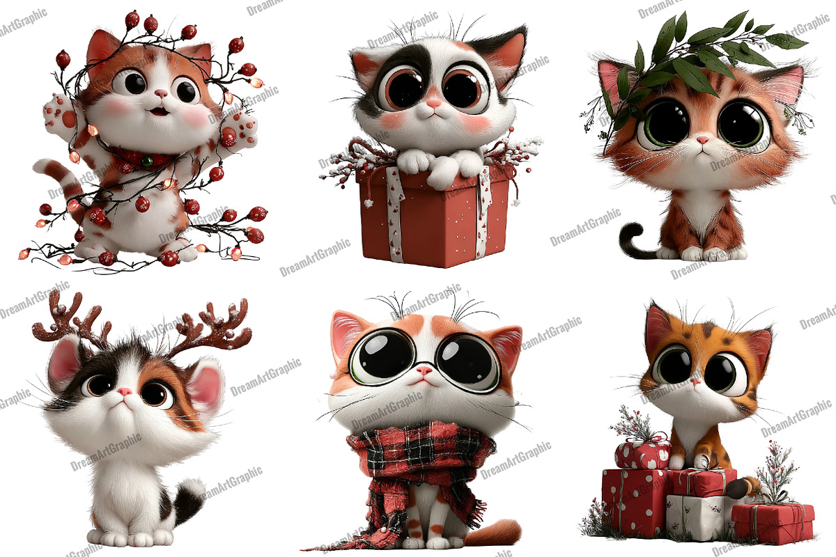Whimsical Christmas Cats Clipart, an Illustration by DreamArtGraphic (Photo 4 of 5)